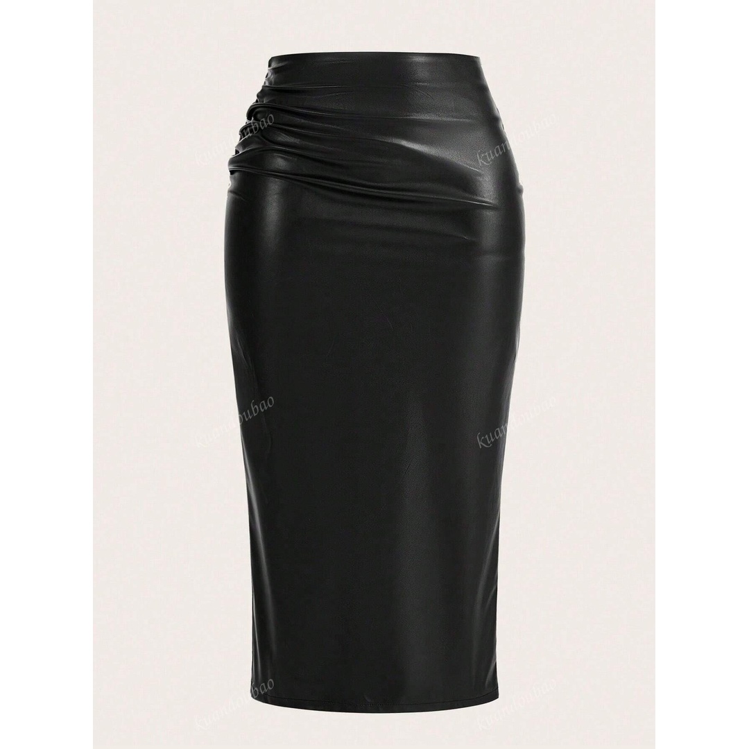 شي ان جيبة ميدي جلد صناعي بكسرات وفتحة جانبية عالية - أسود