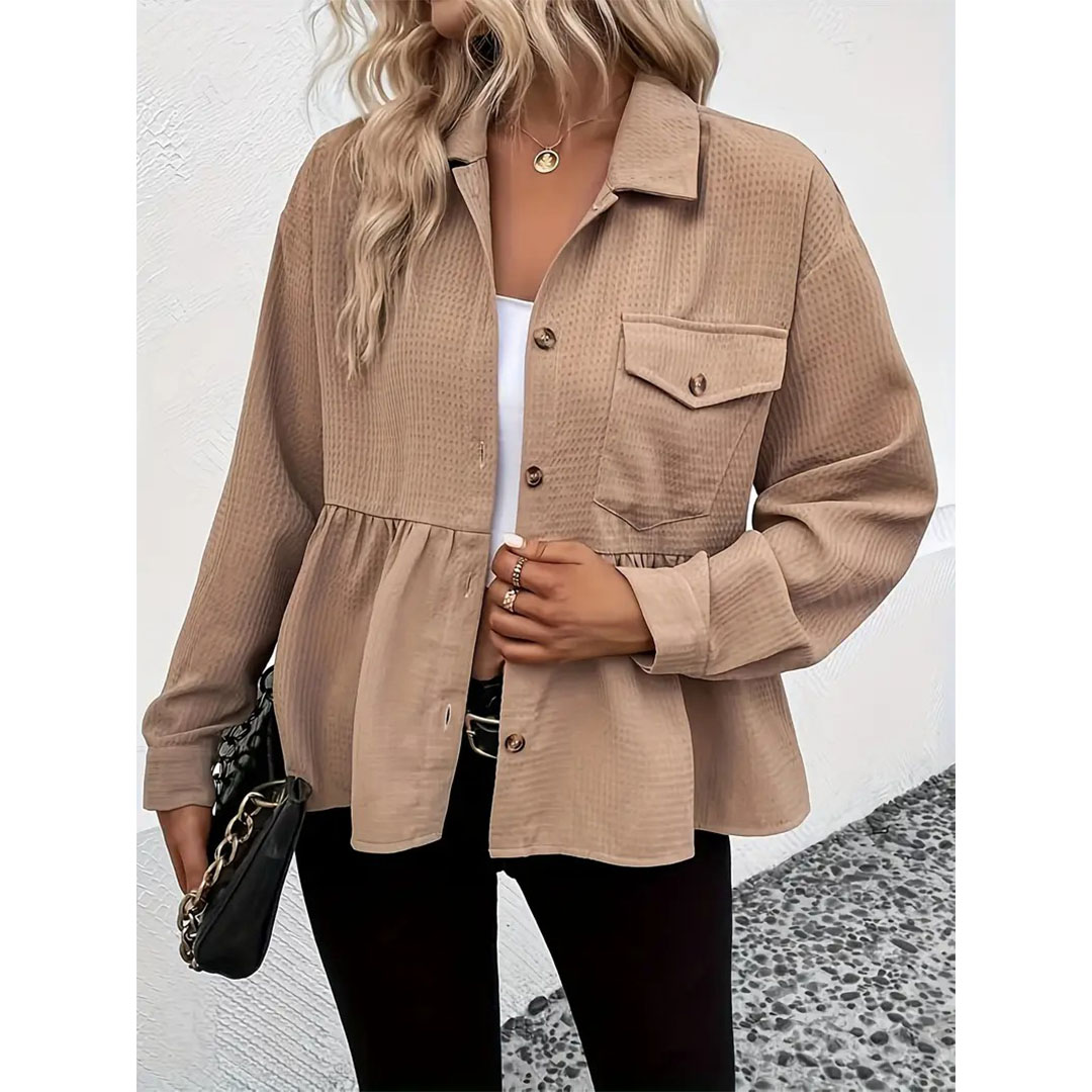 قميص نسائي كاجوال بنقشة الوافل وأزرار - بيج