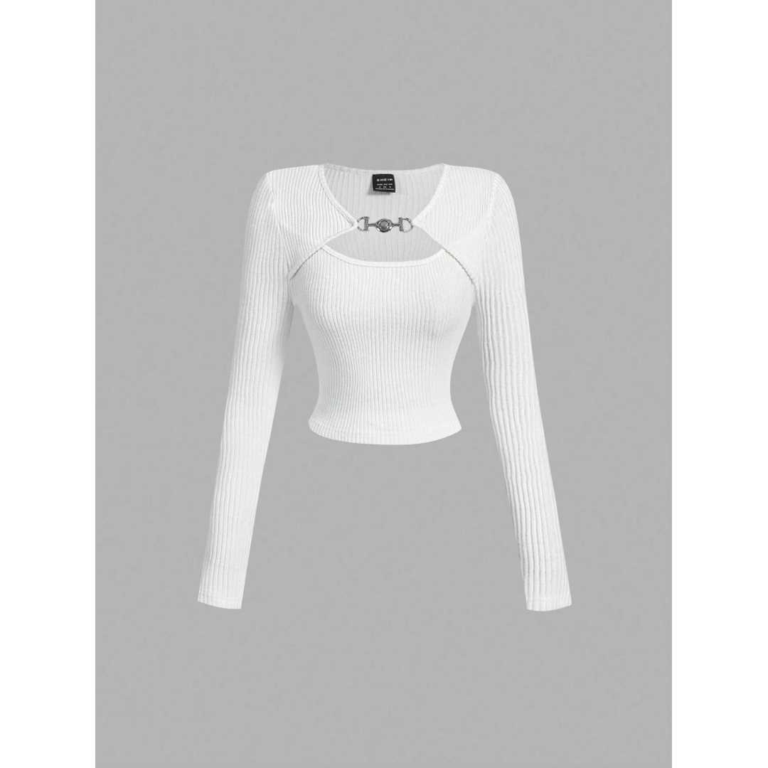 شي ان تي شيرت بيزك حريمي برقبة مفتوحة - أوف وايت