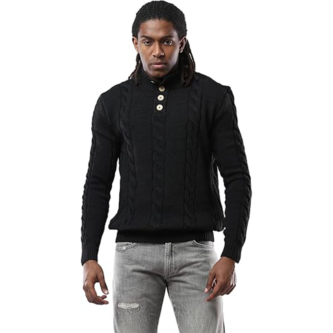 بلوفر رجالي أسود برقبة بأزرار وحاشية مضلعة - أسود