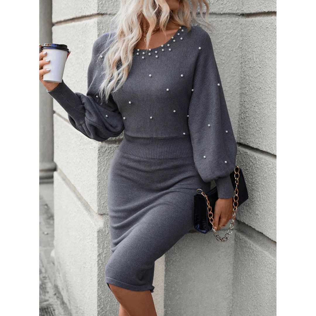 شي ان فستان بلوفر بأكمام فانوس مزينة باللؤلؤ - رمادي