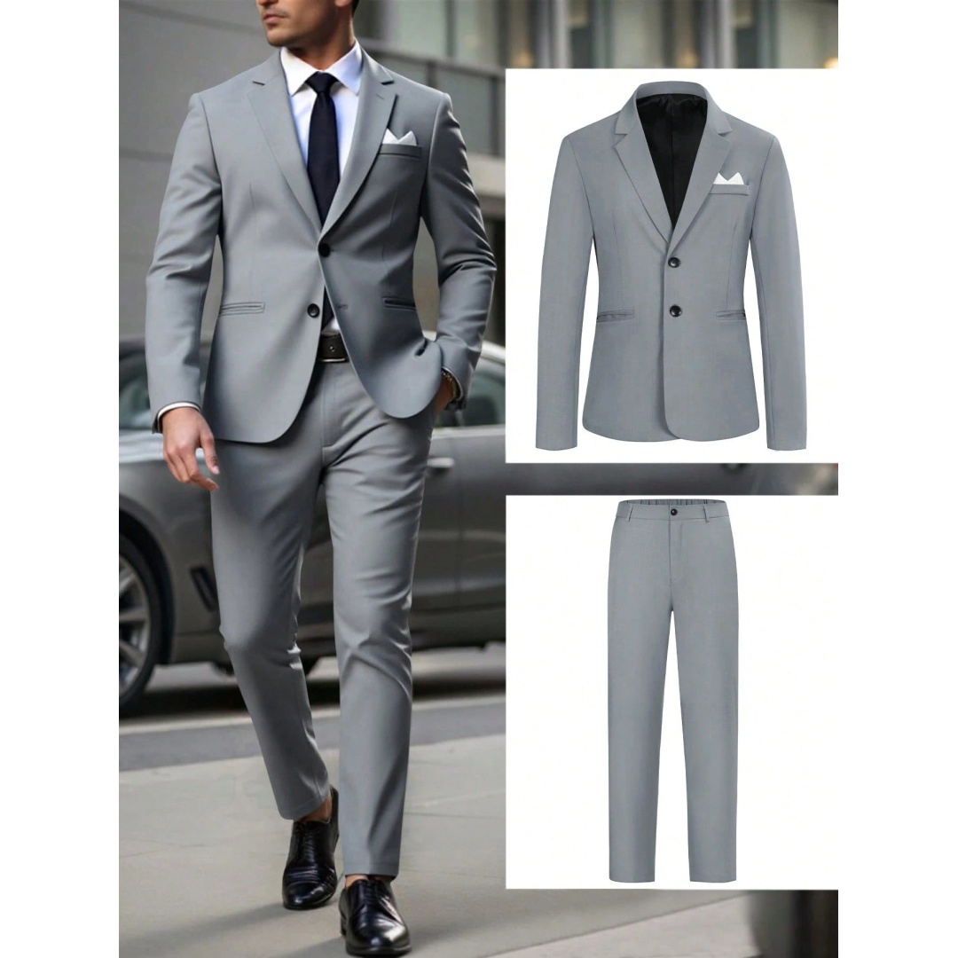 شي ان طقم بدلة رجالي رمادي قطعتين ستايل عملي كاجوال