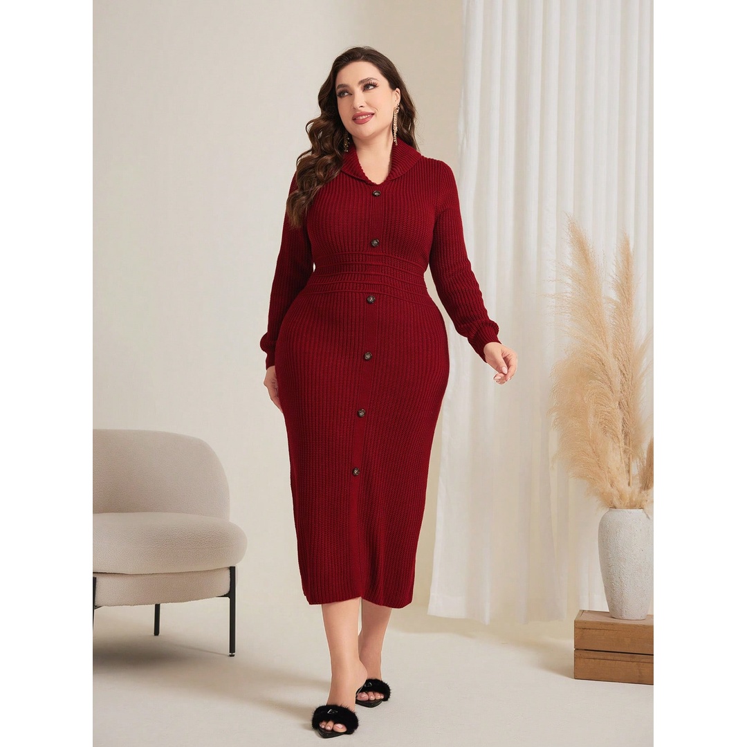 شي ان فستان بلوفر حريمي بأزرار وتصميم صف واحد - أحمر