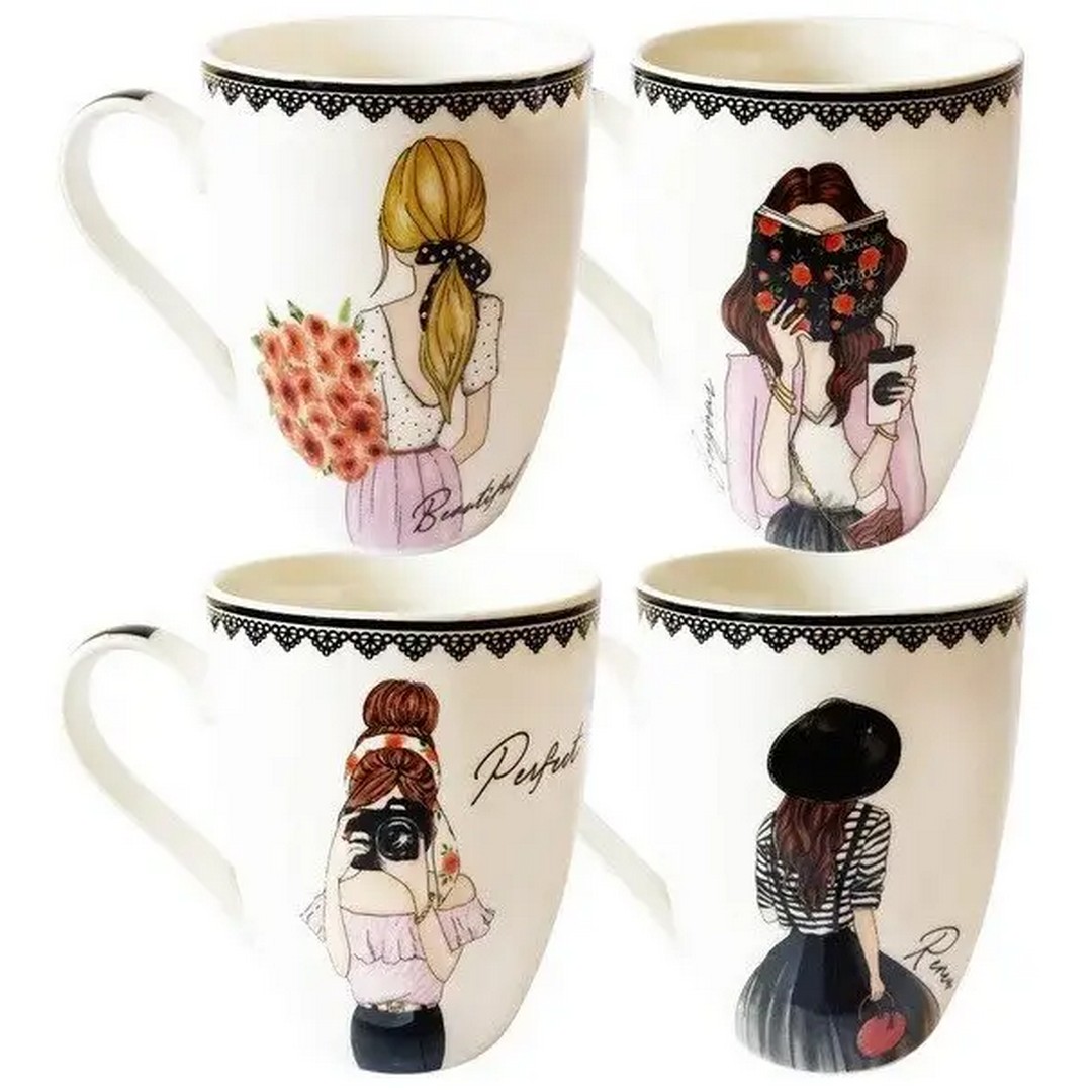 طقم مجات شكل فتاة - 340 مل - 4 قطع - متعدد الألوان