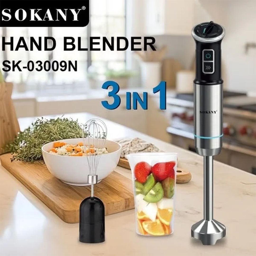 خلاط يدوي ستانلس من سوكاني مع خفاقة وكوب 3*1 - 1100 وات - SK-03009N