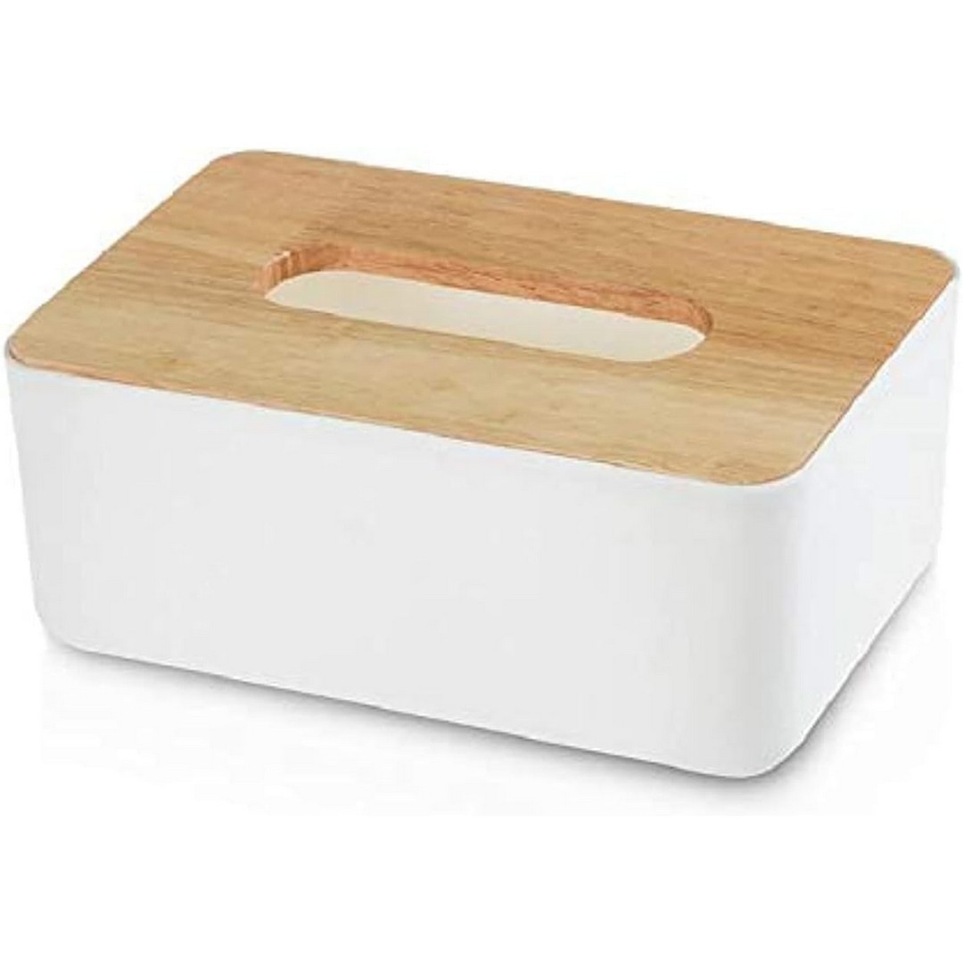 علبة مناديل بغطاء من الخشب - أبيض