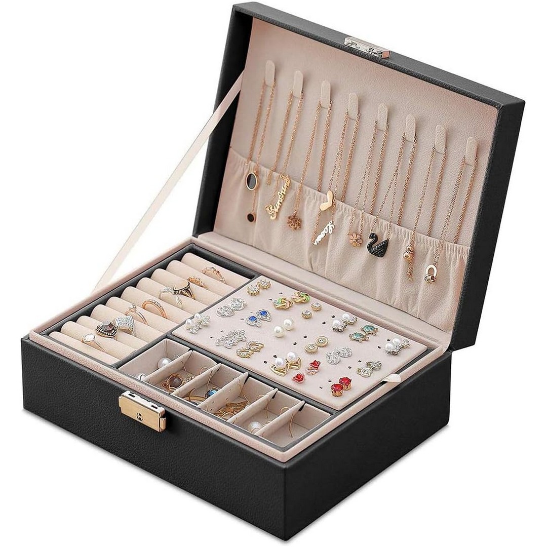 صندوق من الجلد بطبقتين لتنظيم المجوهرات - أسود