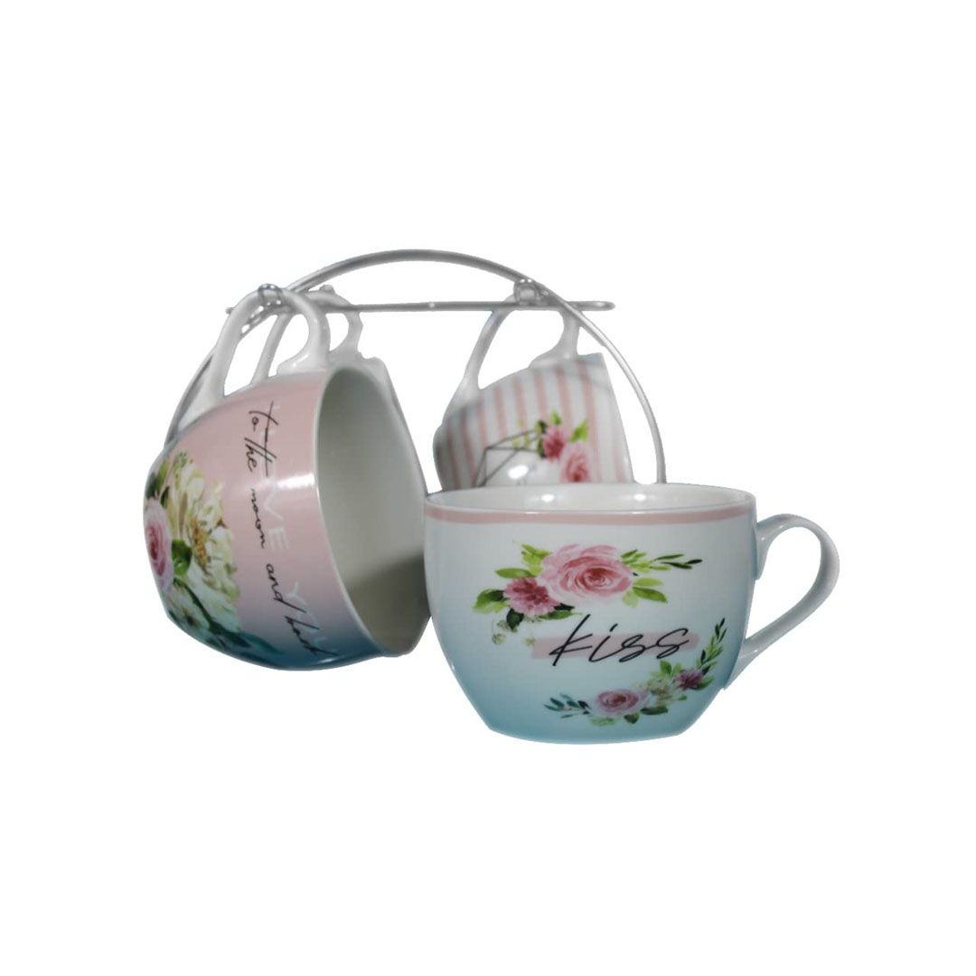 أكواب شوربة بتصميم زهور متنوعة مع حامل - 4 قطع