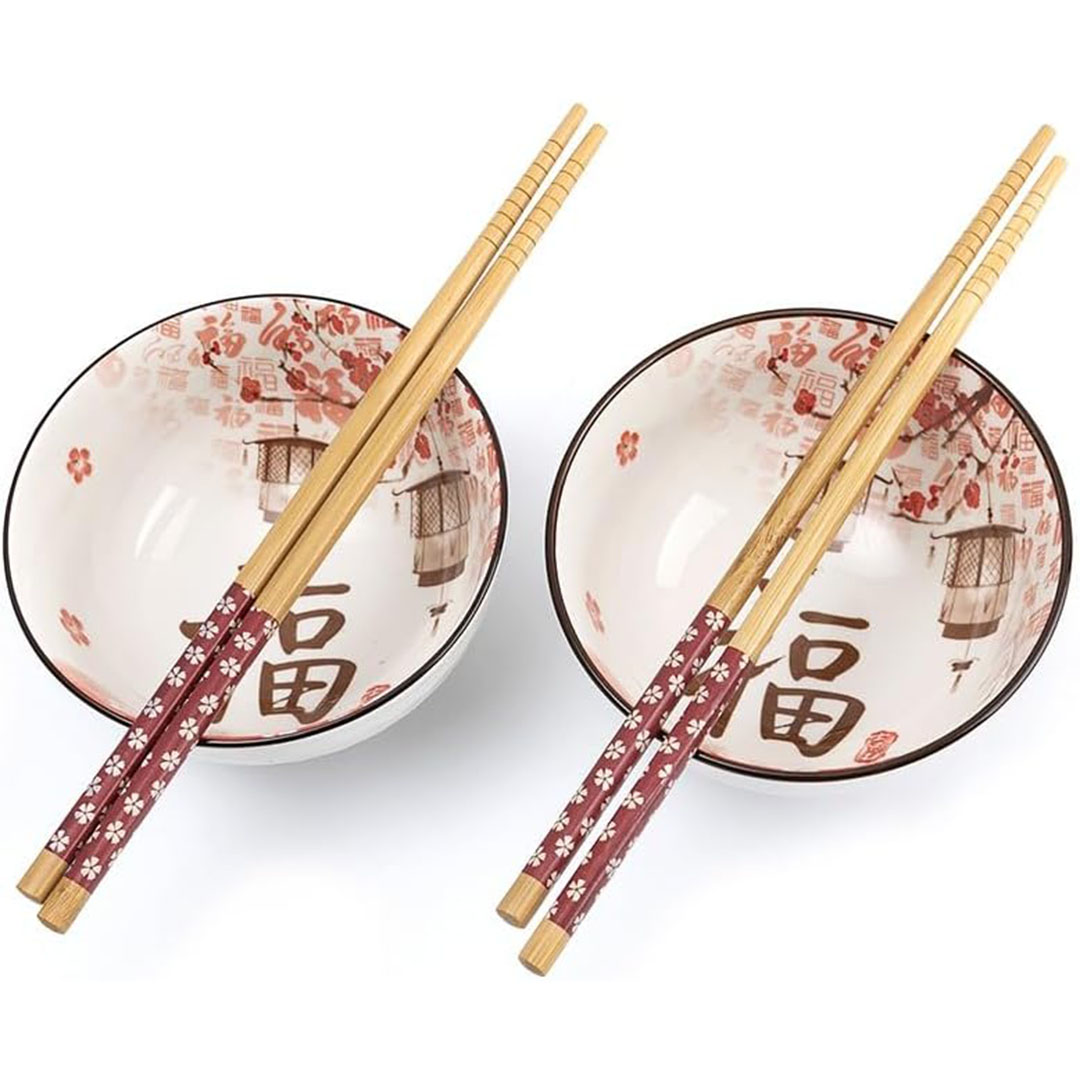 مجموعة من 2 وعاء زهور الكرز الياباني مع عصيان طعام