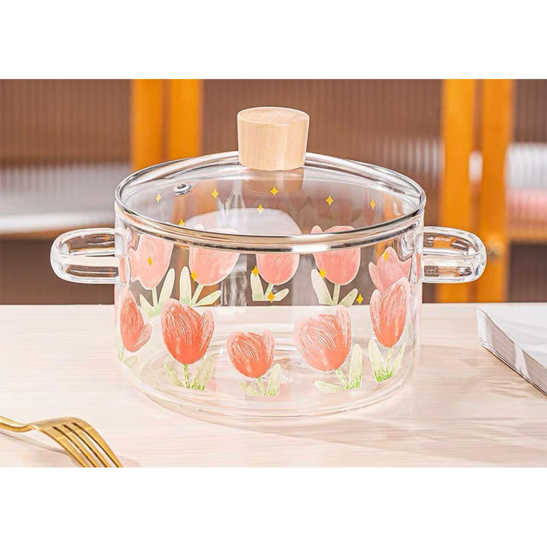 وعاء طهي زجاجي بغطاء ومقبض