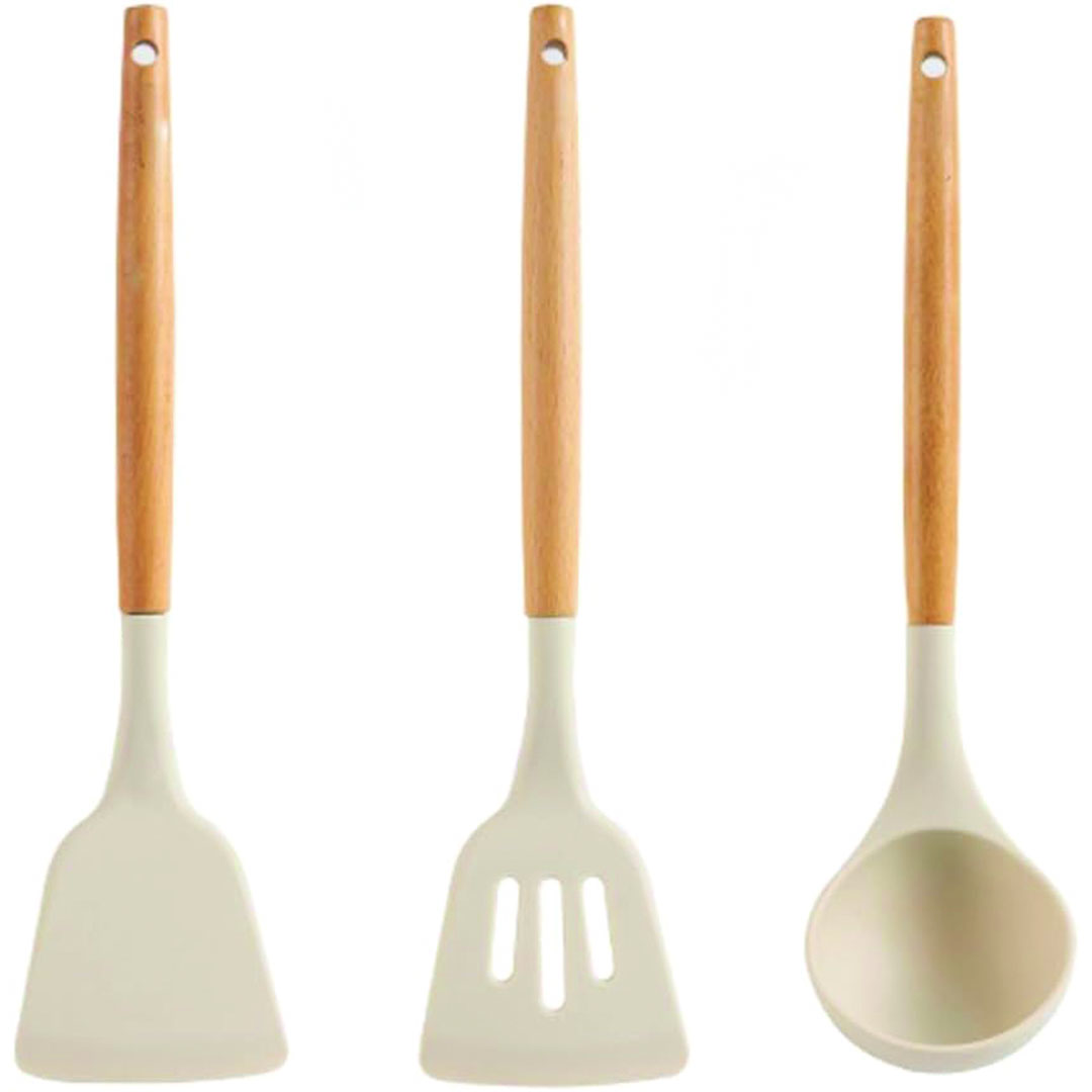 طقم توزيع سيليكون بمقبض خشب - 3 قطع - أبيض/بيج