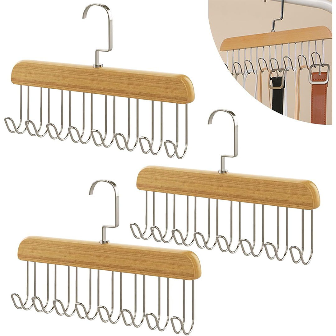 شماعات خشبية للأحزمة - 8 خطافات - 3 قطع