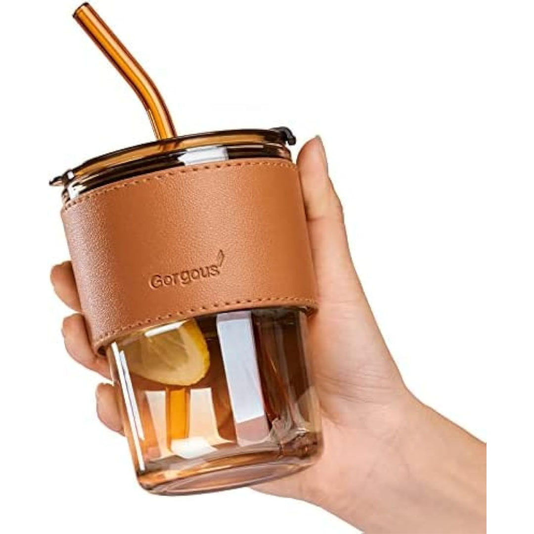 كوب زجاجي بشفاطة و غطاء - 360 مللي - بني