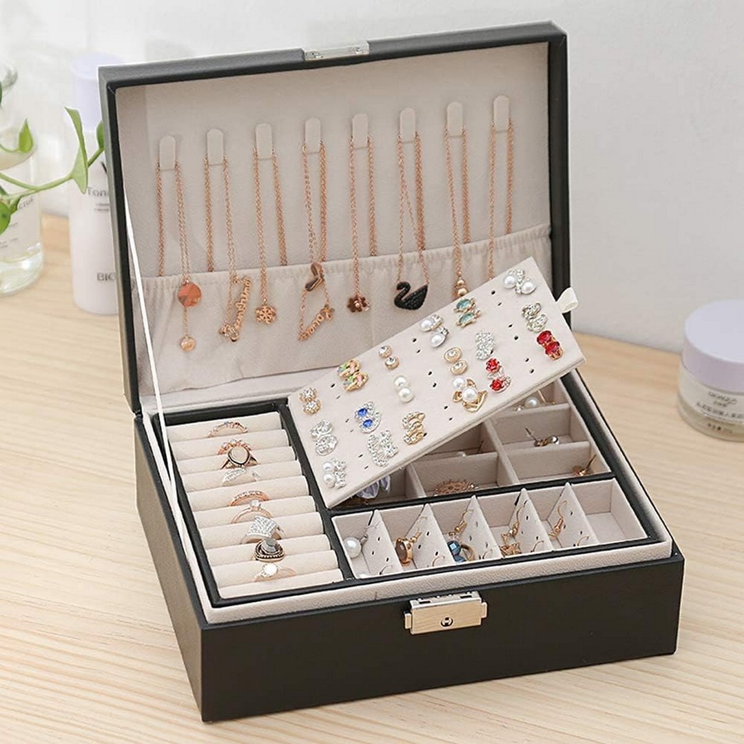 صندوق من الجلد بطبقتين لتنظيم المجوهرات - أسود