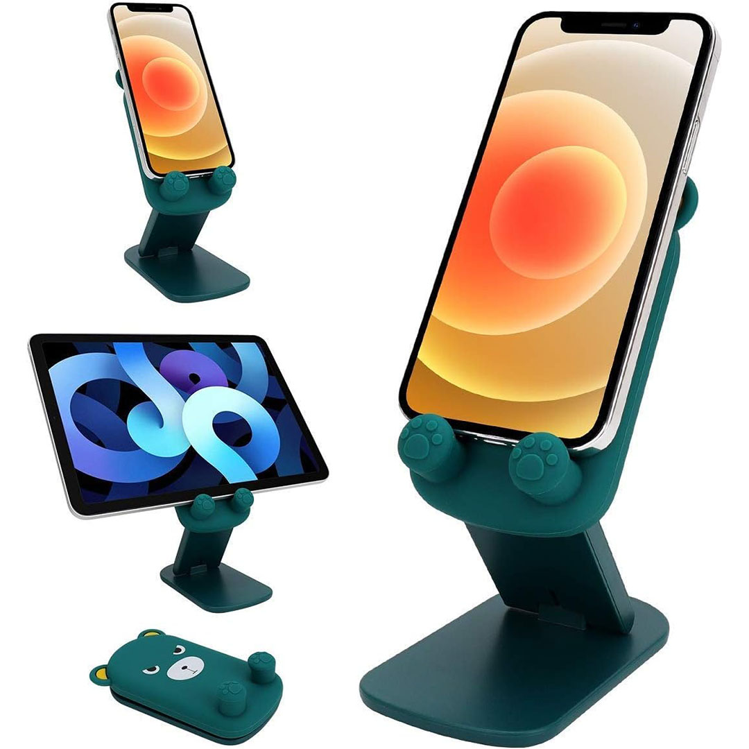 حامل موبايل وتاب من السيليكون بشكل دب - أخضر