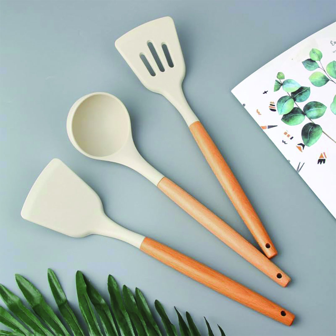 طقم توزيع سيليكون بمقبض خشب - 3 قطع - أبيض/بيج