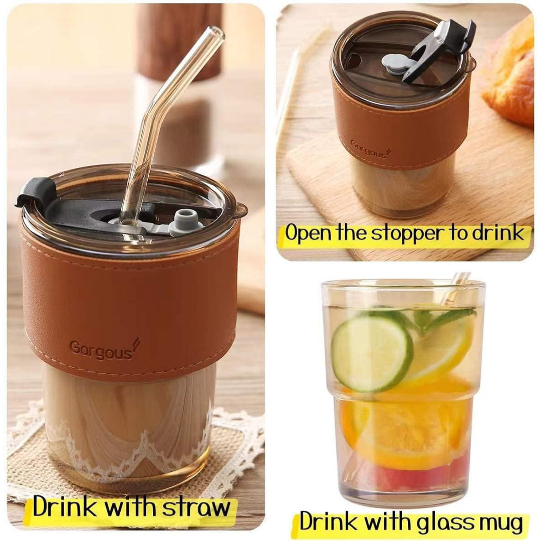 كوب زجاجي بشفاطة و غطاء - 360 مللي - بني