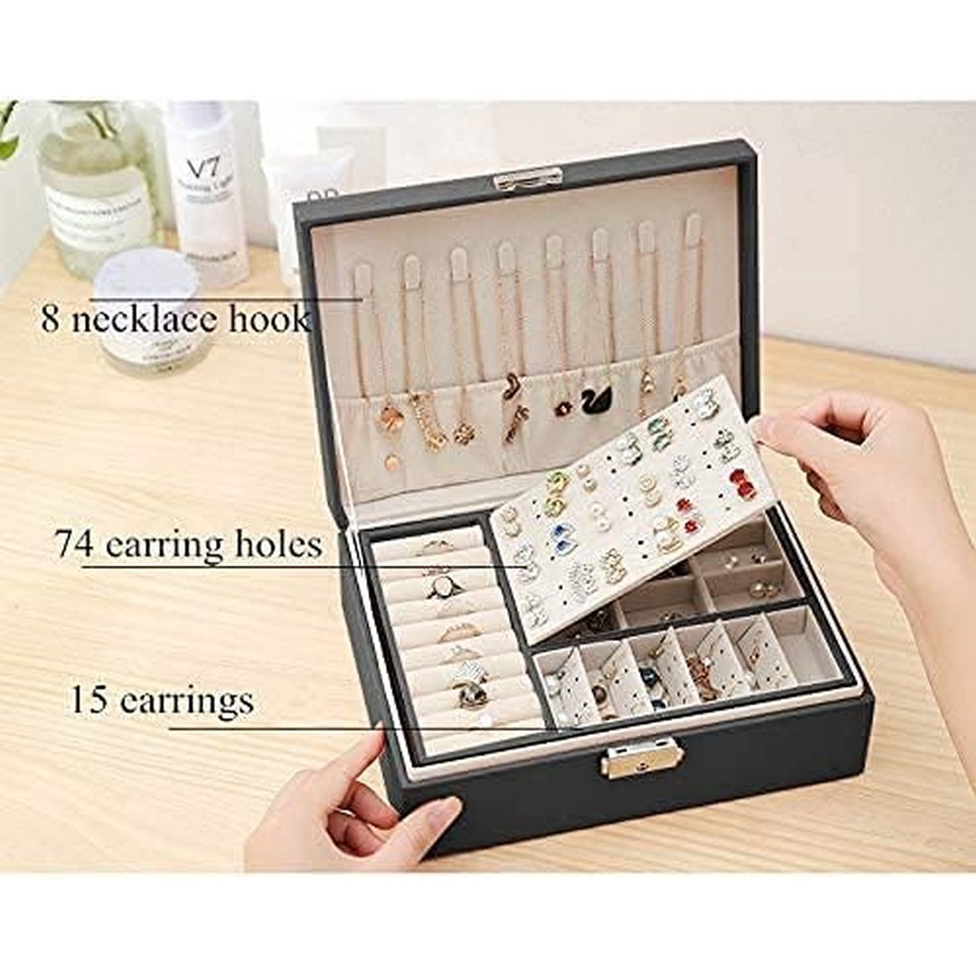 صندوق من الجلد بطبقتين لتنظيم المجوهرات - أسود