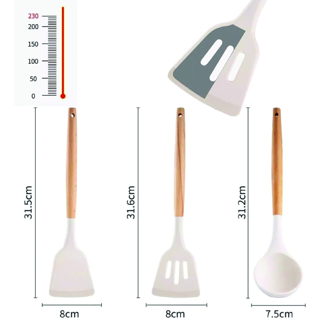 طقم توزيع سيليكون بمقبض خشب - 3 قطع - أبيض/بيج