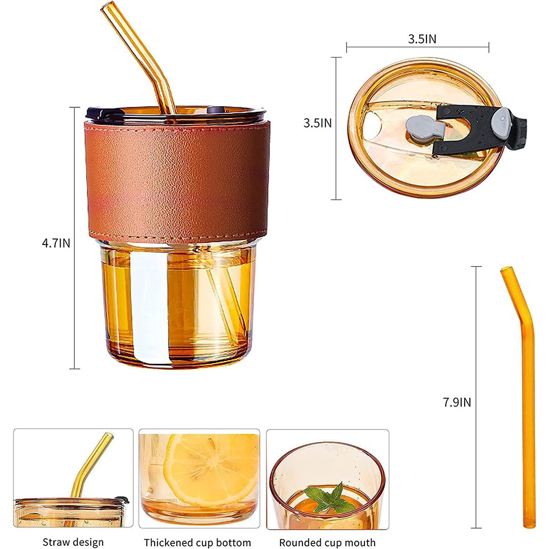 كوب زجاجي بشفاطة و غطاء - 360 مللي - بني