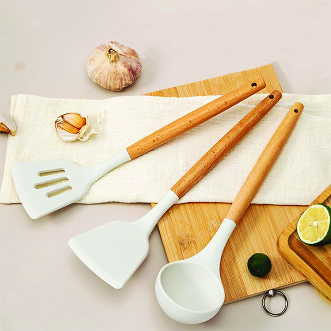 طقم توزيع سيليكون بمقبض خشب - 3 قطع - أبيض/بيج