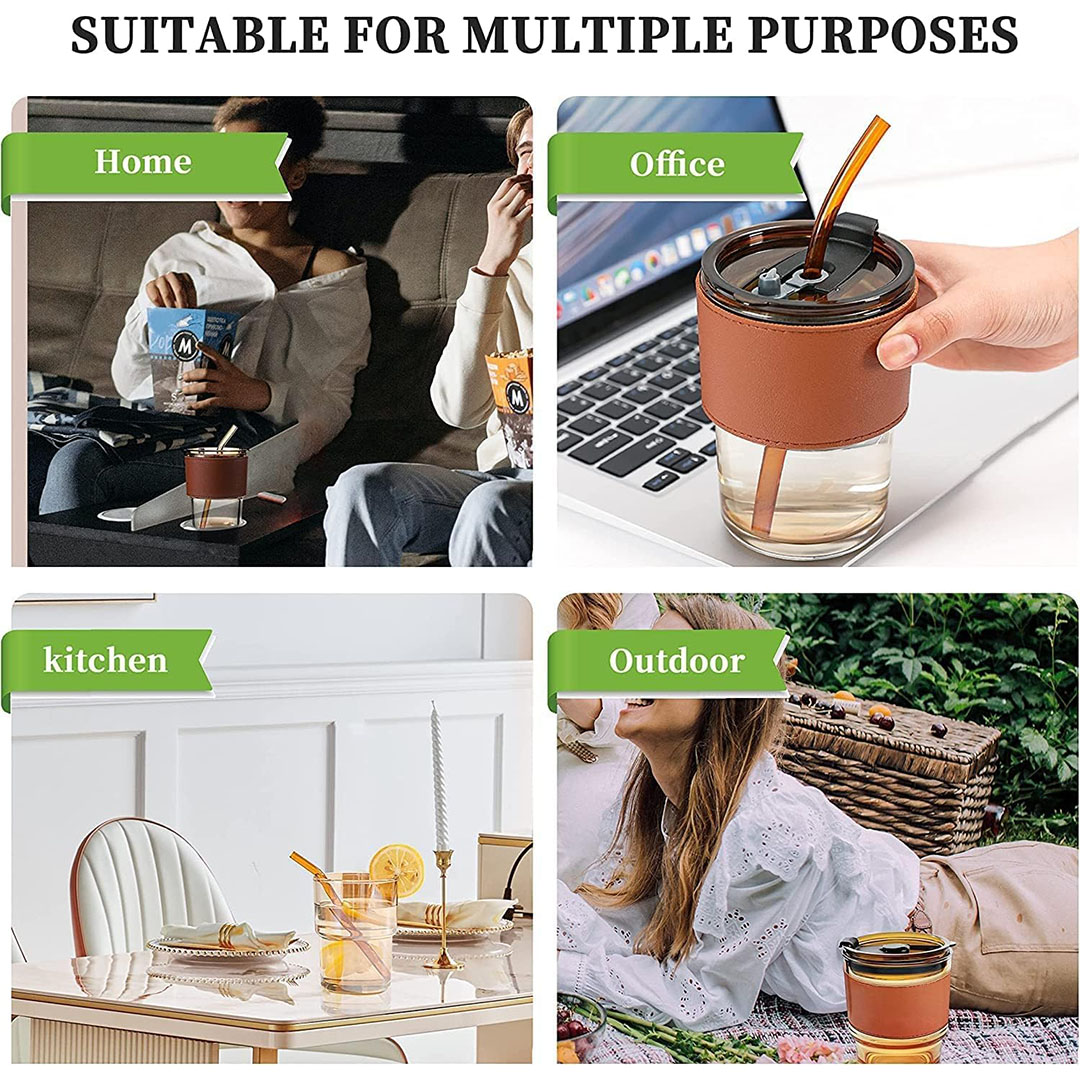 كوب زجاجي بشفاطة و غطاء - 360 مللي - بني