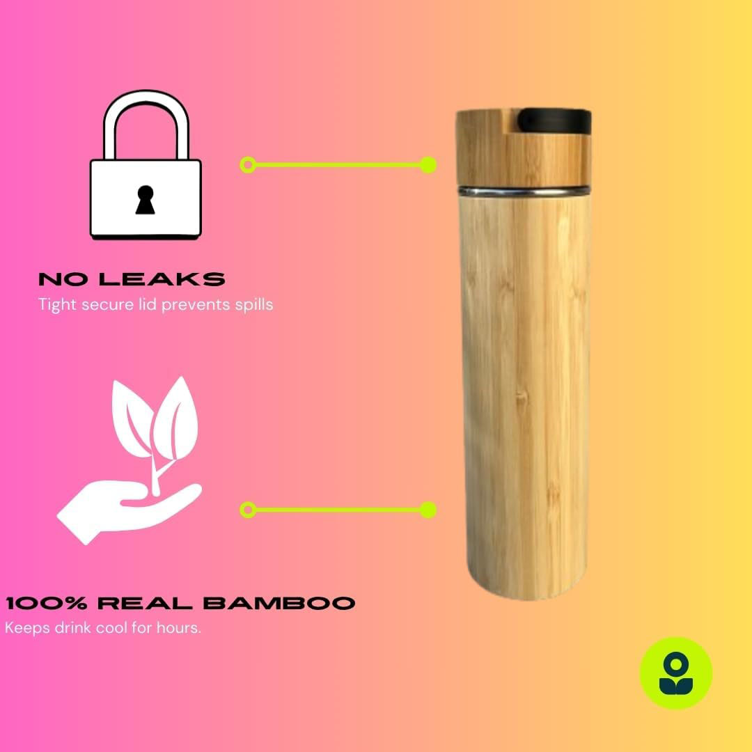 زجاجة مياه معزولة من خشب الخيزران - 450 مللي - خشبي