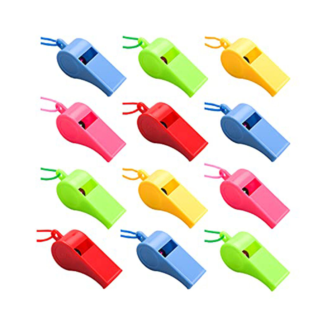 صفارة ملونة بلاستيكية رياضية مع حبل - 12 قطعة