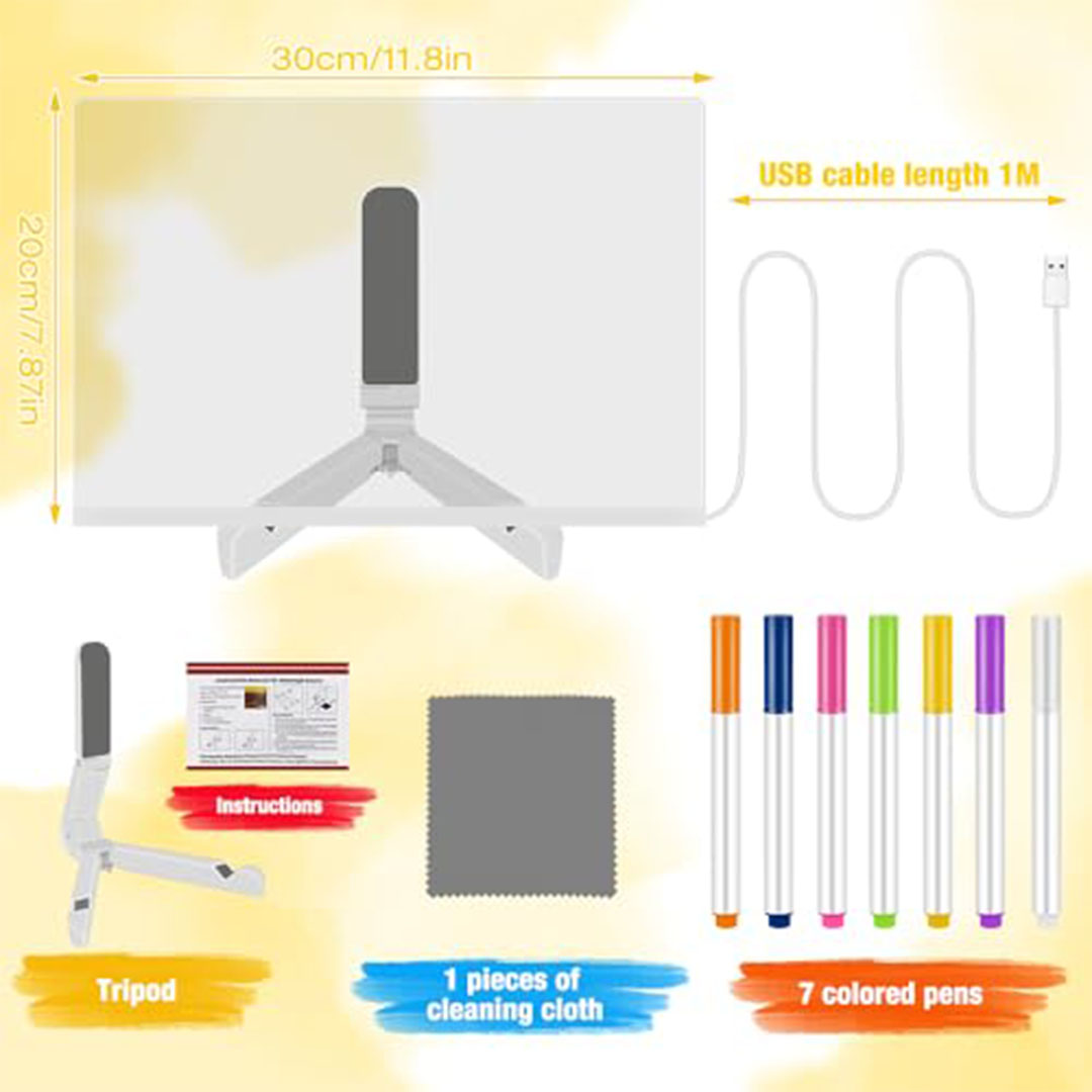 لوحة LED ملاحظات مضيئة بحامل وأقلام مضيئة - 30×20 سم