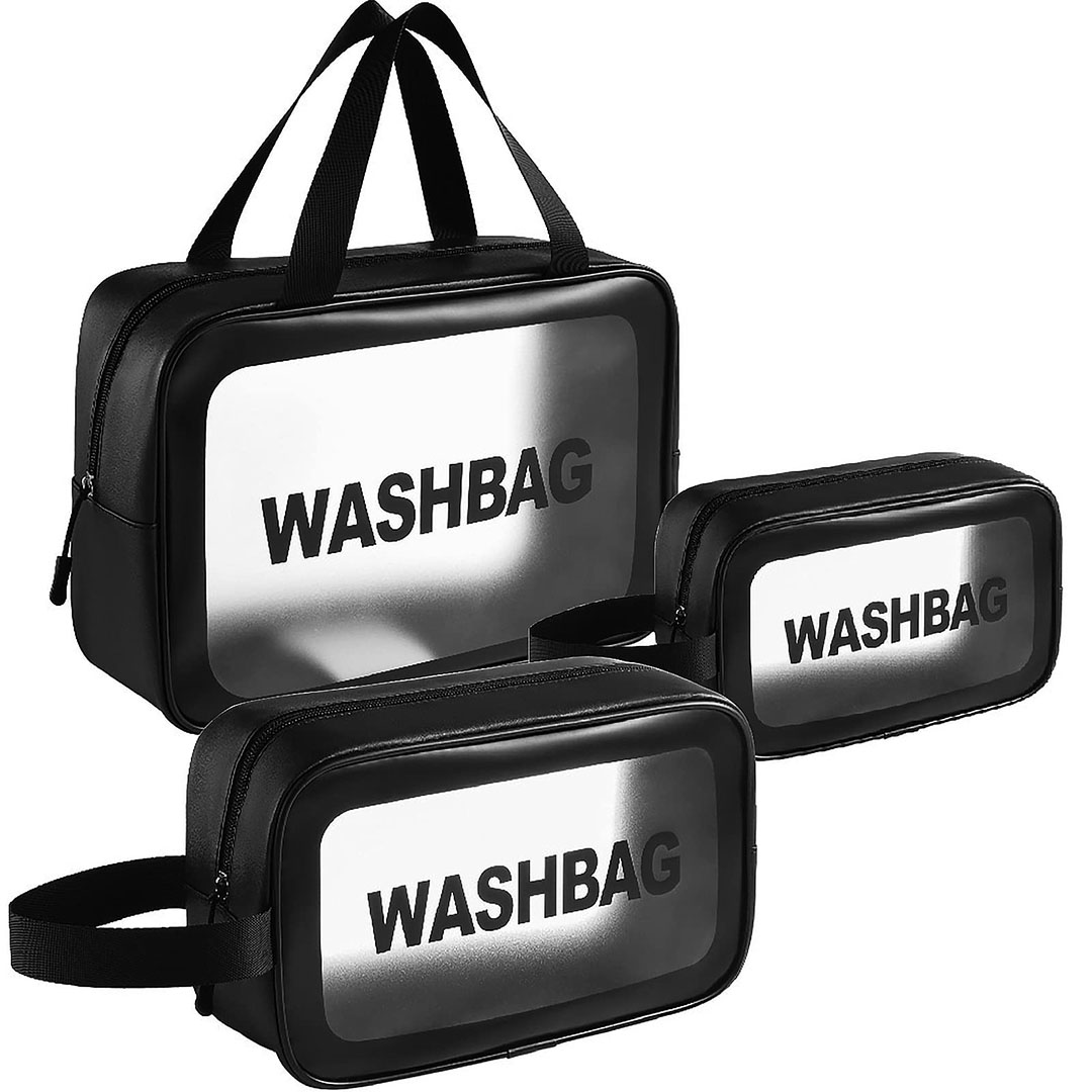 شنطة مستحضرات تجميل شفافة للسفر - 3 قطع - أسود