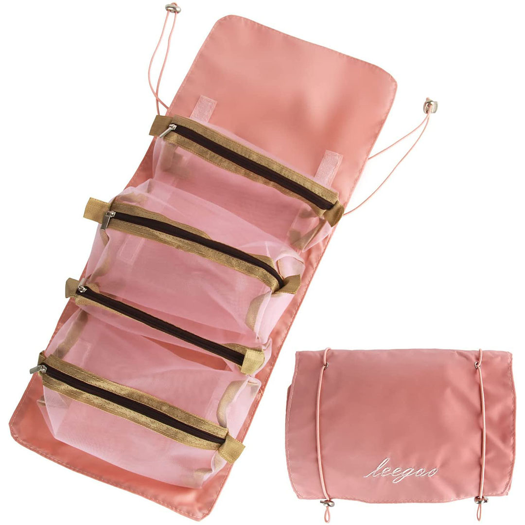 حقيبة مستحضرات تجميل للسفر 4 في 1 - قابلة للطي ومقاومة للماء - بينك