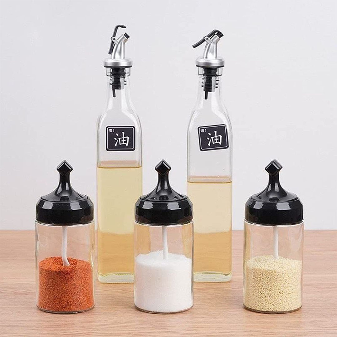 طقم عبوات زيوت وتوابل زجاج - 5 قطع - شفاف