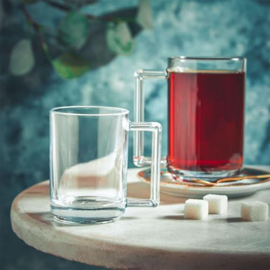 طقم أكواب شاي من الزجاج بيد مضلعة - 3 قطع