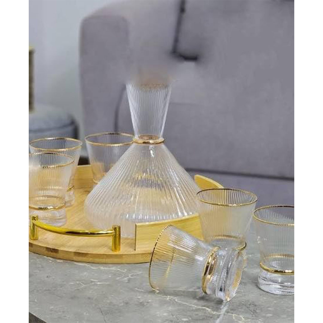 طقم ابريق و أكواب زجاجية مضلعة - 7 قطع