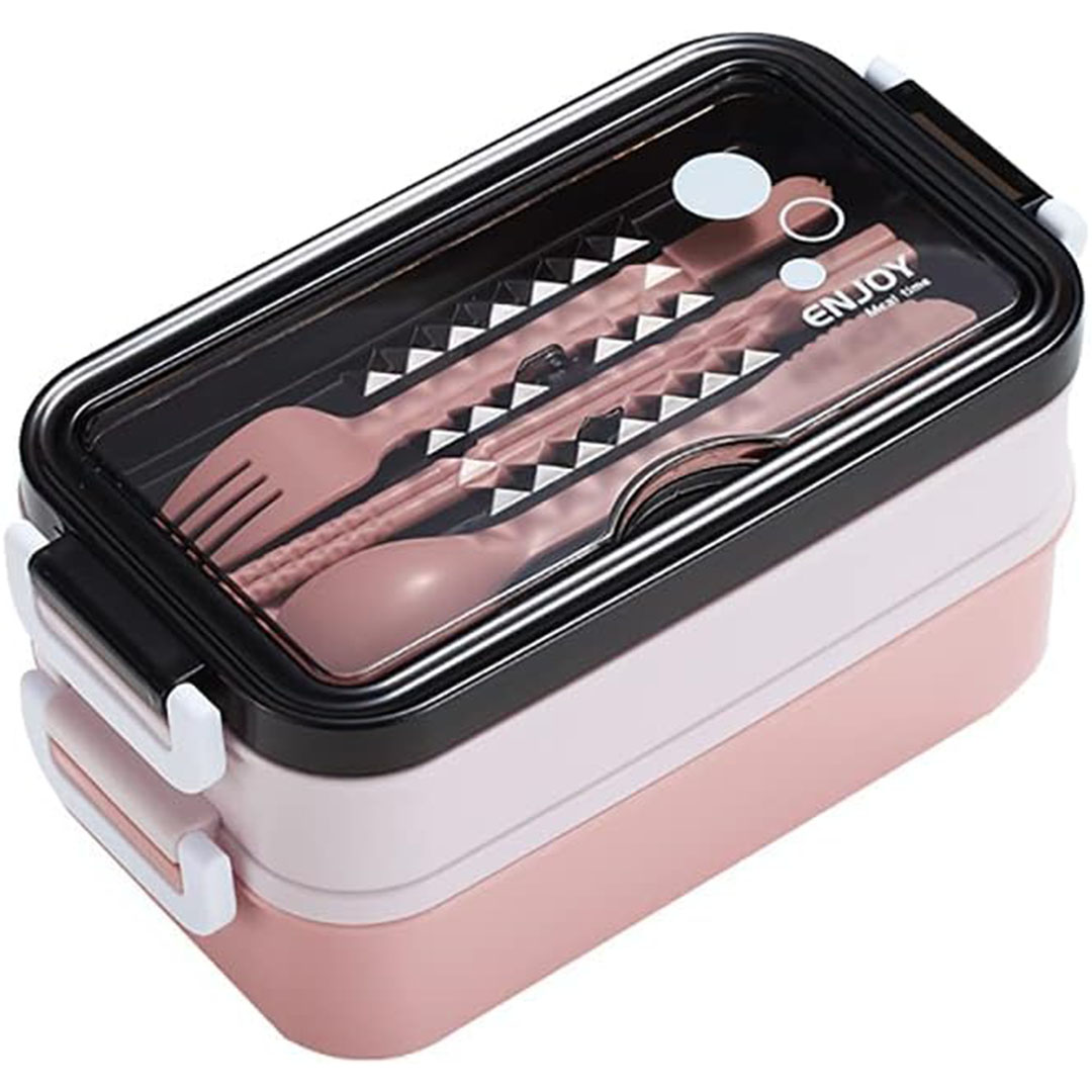 لانش بوكس مقاوم للتسرب مساحتين للتخزين ومجموعة ادوات المائدة - بينك - 21.5*11.5*11 سم