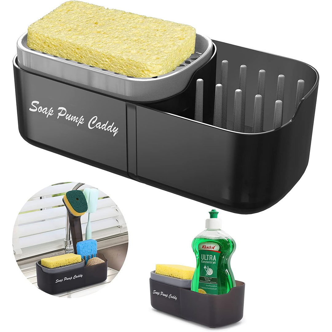 موزع صابون الأطباق للمطبخ 3 في 1 - أسود