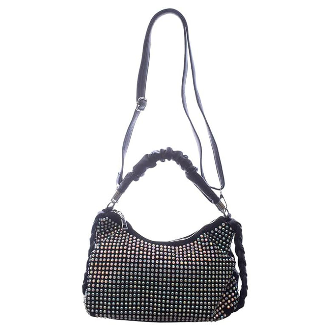 شنطة كروس جلد شمواه للنساء ستراس - أسود/فضي - RM 111