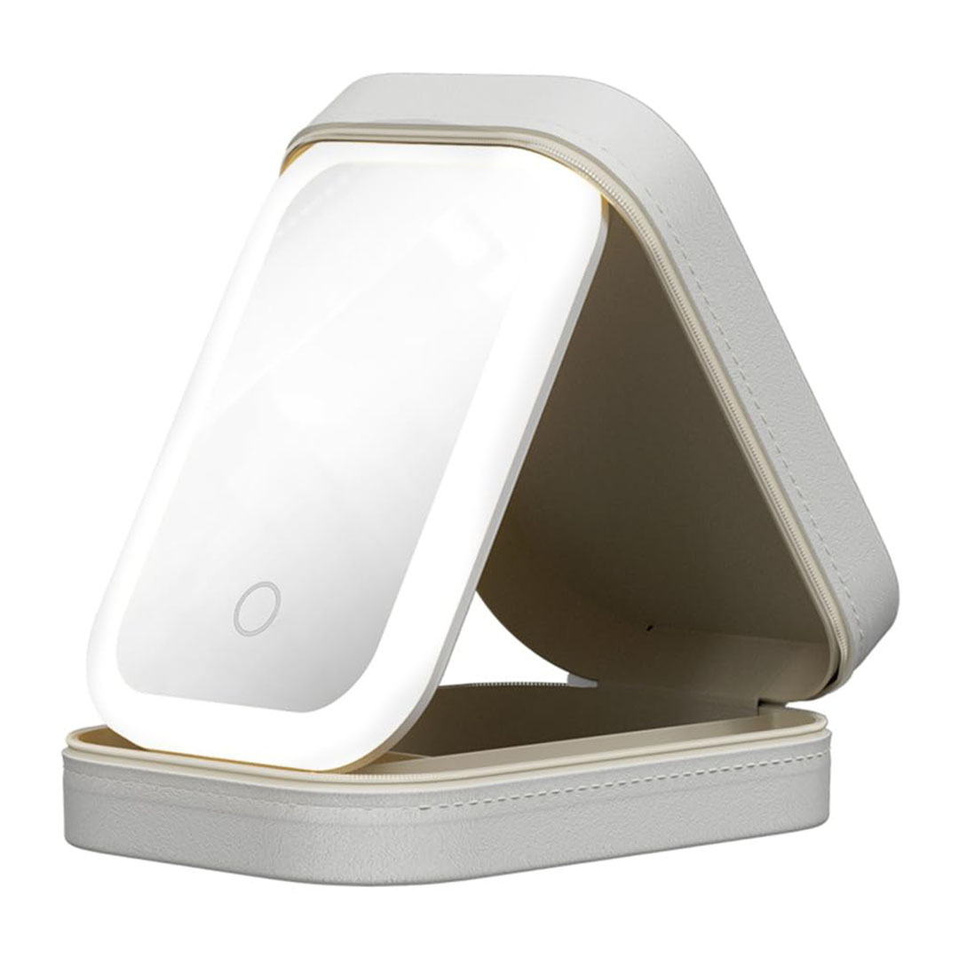 حقيبة مكياج للسفر مع مرآة وإضاءة LED - أبيض