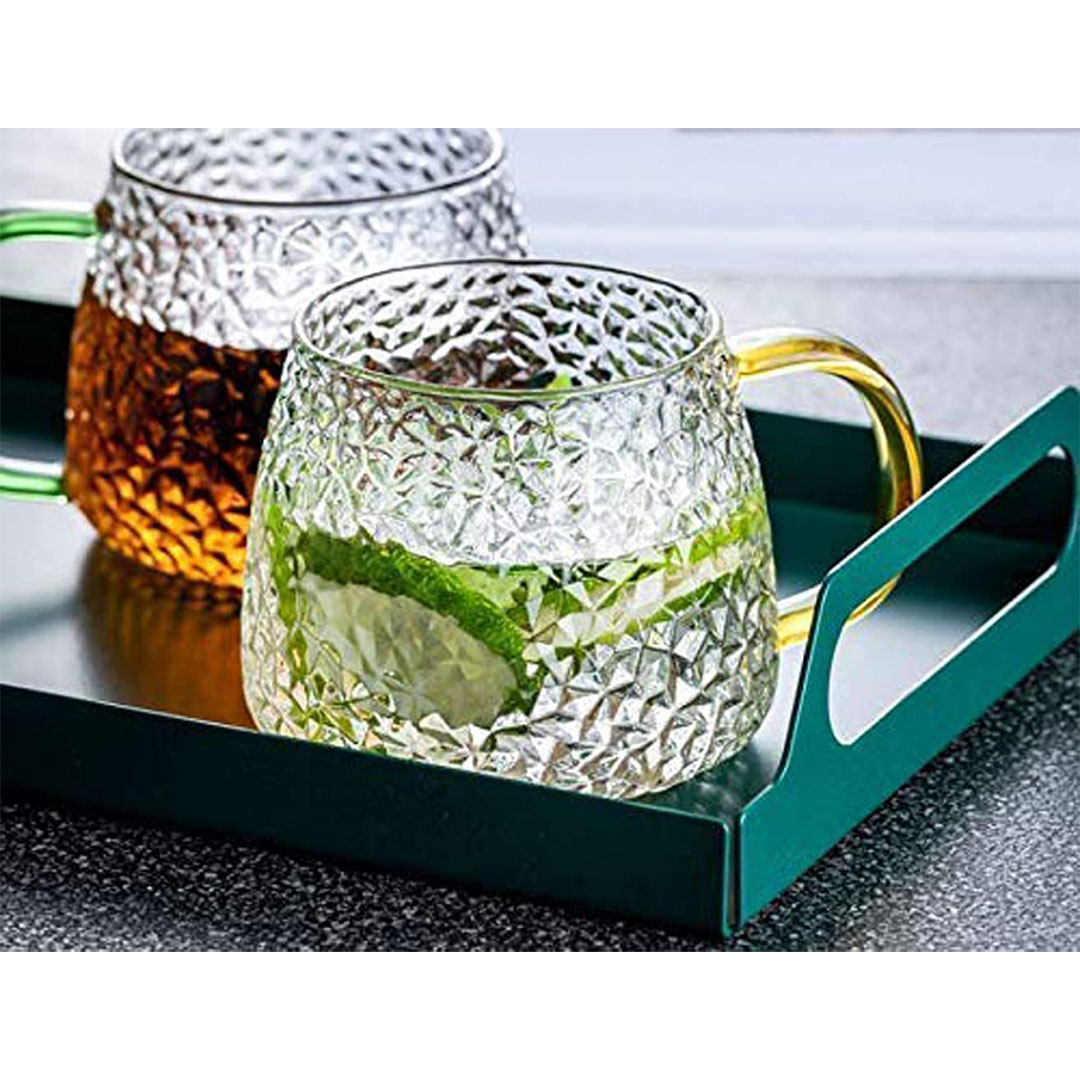 مج زجاجي شفاف بيد ذهبية - 440 مل - 2 قطعة