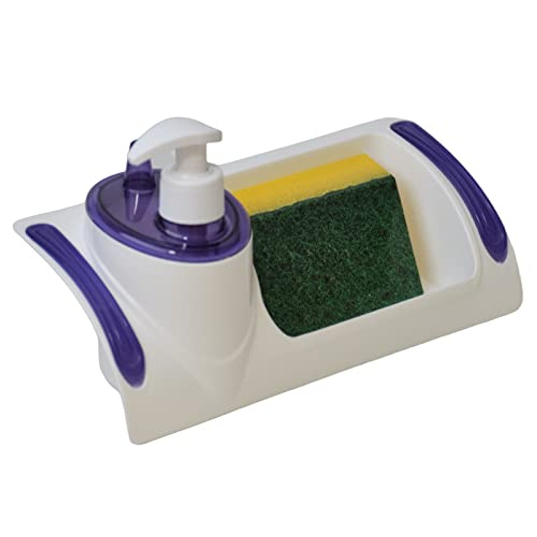 موزع صابون وحامل سفنجة بلاستك - أبيض*أزرق
