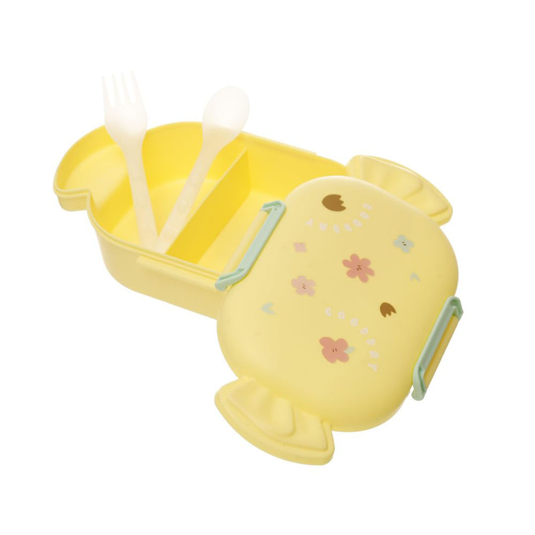لانش بوكس بلاستيك مقسم محكم الغلق مع معلقه وشوكه للأطفال - أصفر