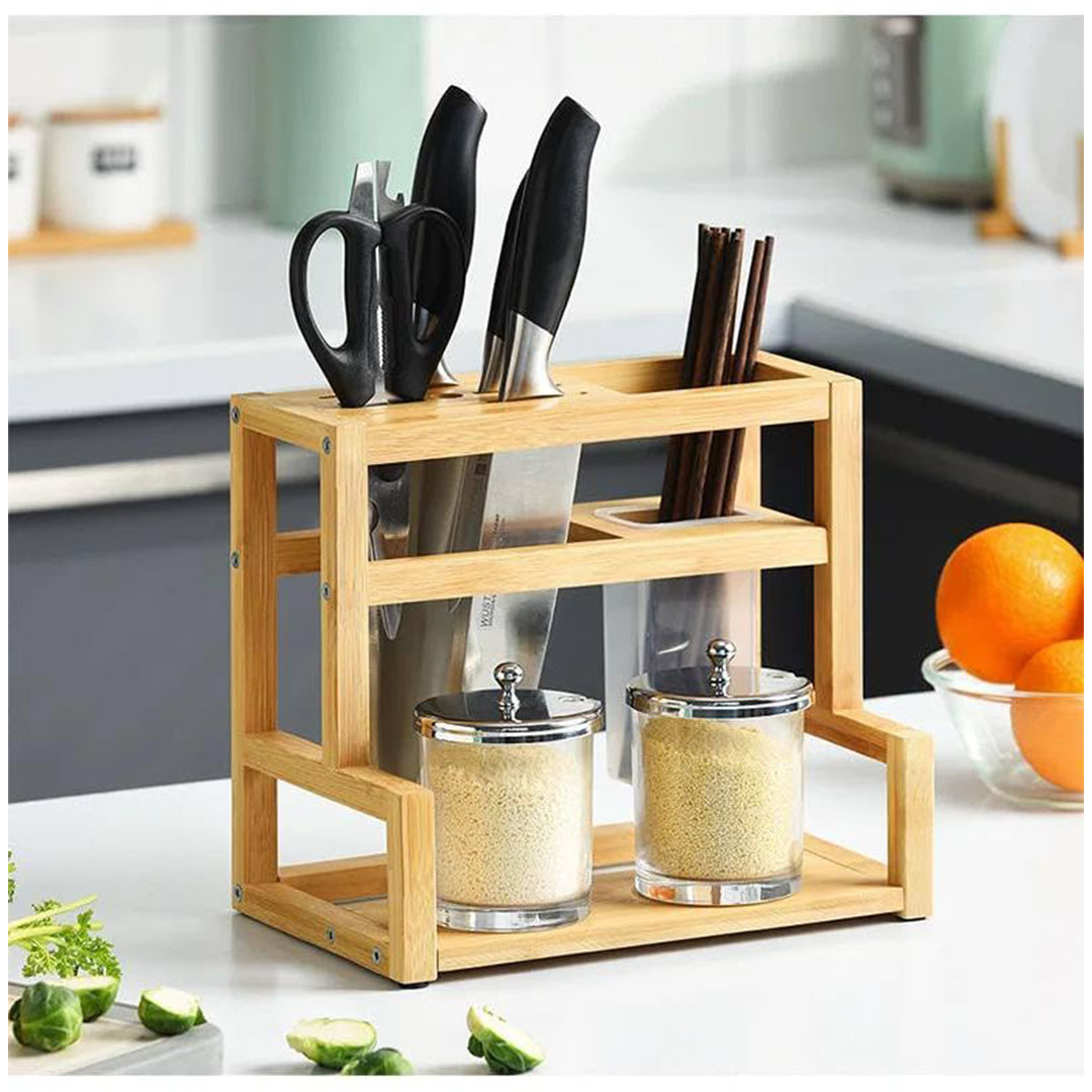 منظم معالق و شوك وحامل سكاكين خشبي