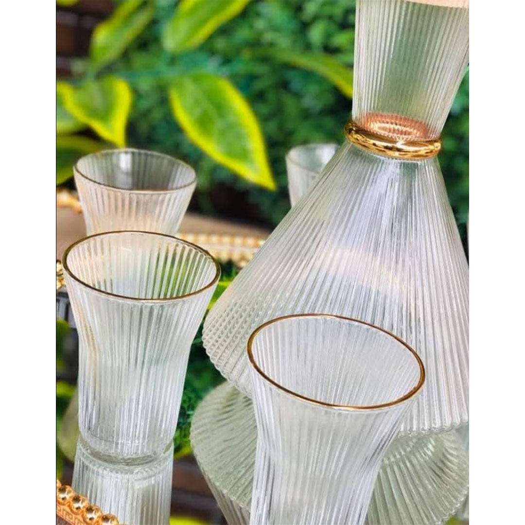 طقم ابريق و أكواب زجاجية مضلعة - 7 قطع