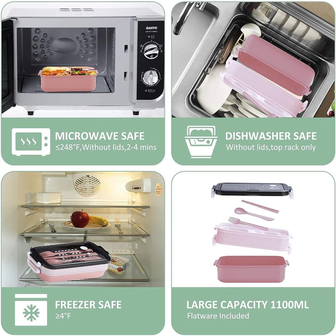 لانش بوكس مقاوم للتسرب مساحتين للتخزين ومجموعة ادوات المائدة - بينك - 21.5*11.5*11 سم