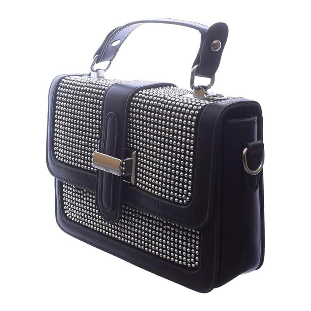 شنطة كروس من الجلد مزينة بفصوص للنساء - أسود/فضي - RM 120