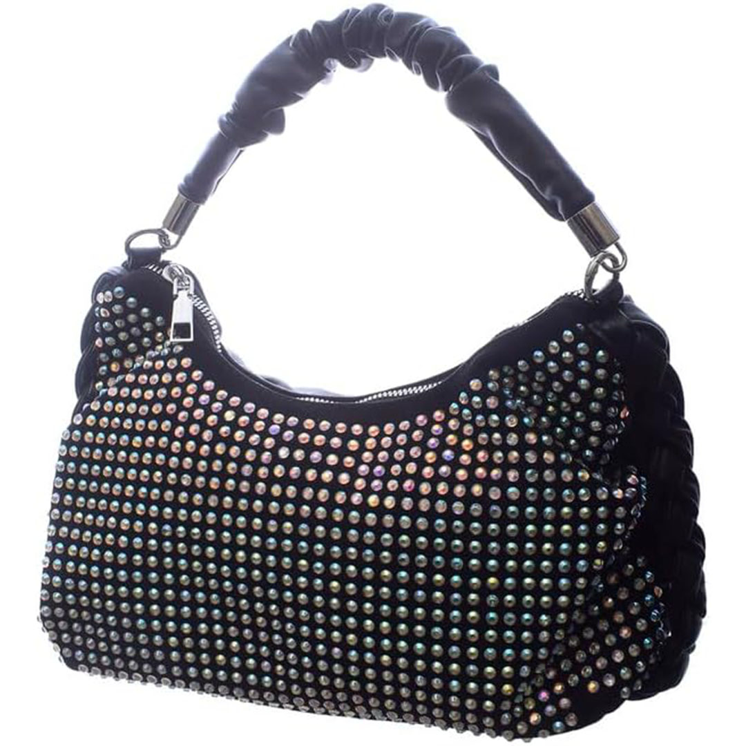 شنطة كروس جلد شمواه للنساء ستراس - أسود/فضي - RM 111