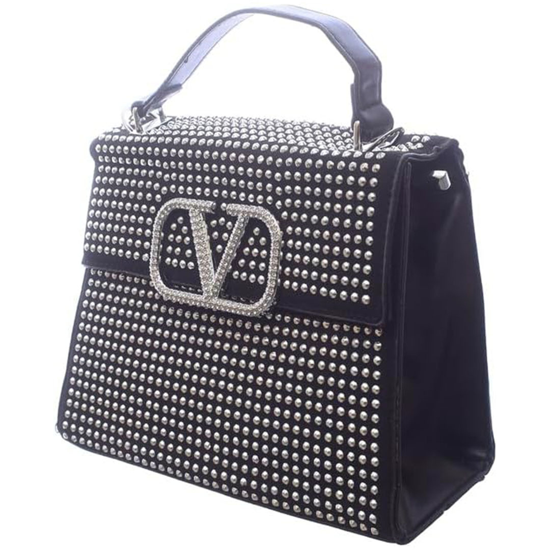 شنطة كروس جلد شمواه للنساء ستراس - أسود/فضي - 01679-3