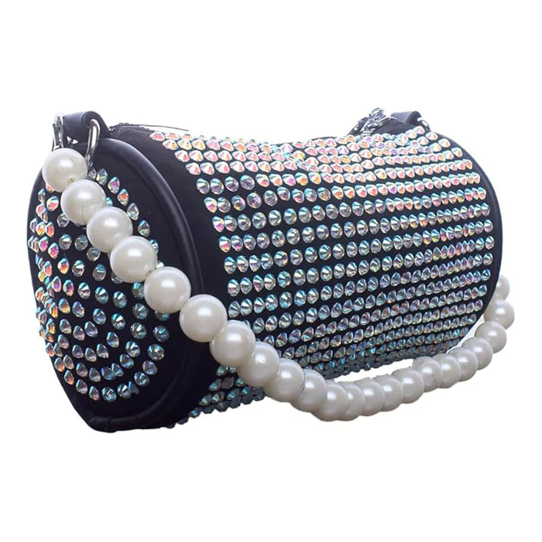 شنطة كروس شمواه مزينة بستراس للنساء - أسود - 2011-2