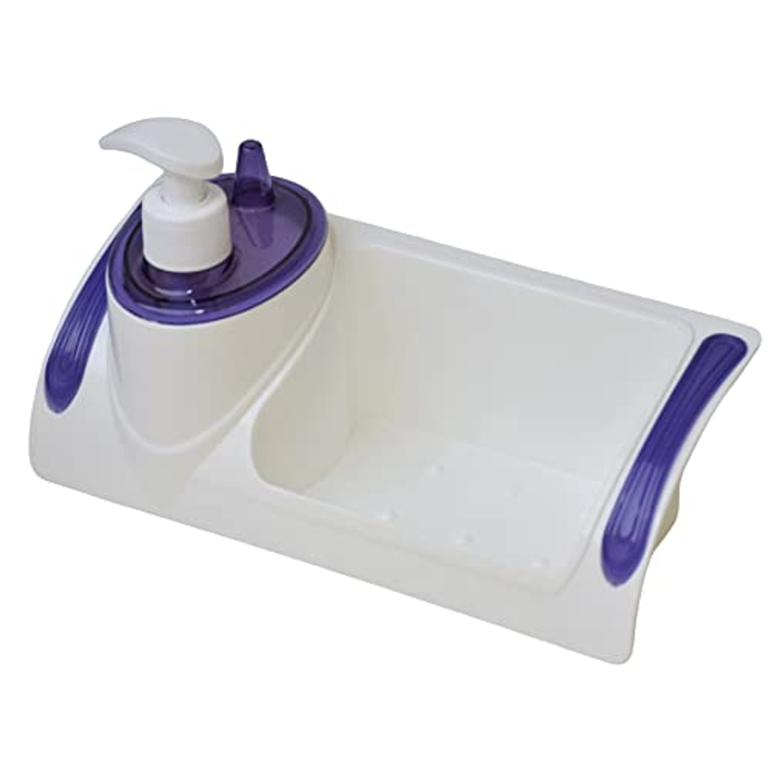 موزع صابون وحامل سفنجة بلاستك - أبيض*أزرق