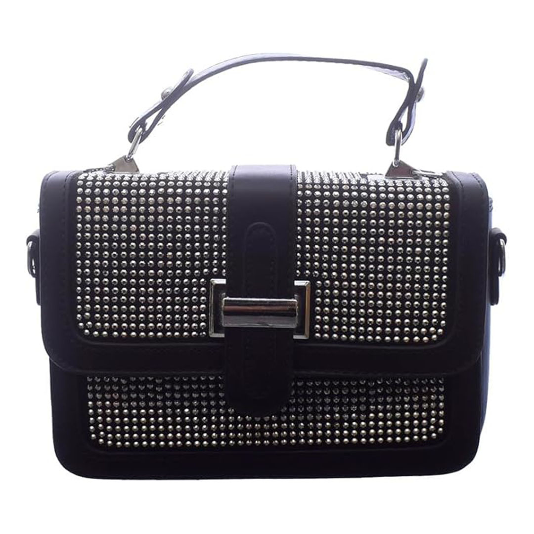 شنطة كروس من الجلد مزينة بفصوص للنساء - أسود/فضي - RM 120